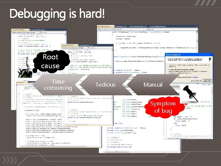 Root cause Time consuming Tedious Manual Symptom of bug Root cause Time consuming Tedious Manual Symptom of bug