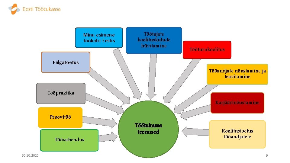 Minu esimene töökoht Eestis Töötajate koolituskulude hüvitamine Tööturukoolitus Palgatoetus Tööandjate nõustamine ja teavitamine Tööpraktika