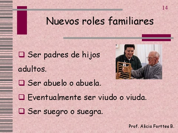 14 Nuevos roles familiares q Ser padres de hijos adultos. q Ser abuelo o