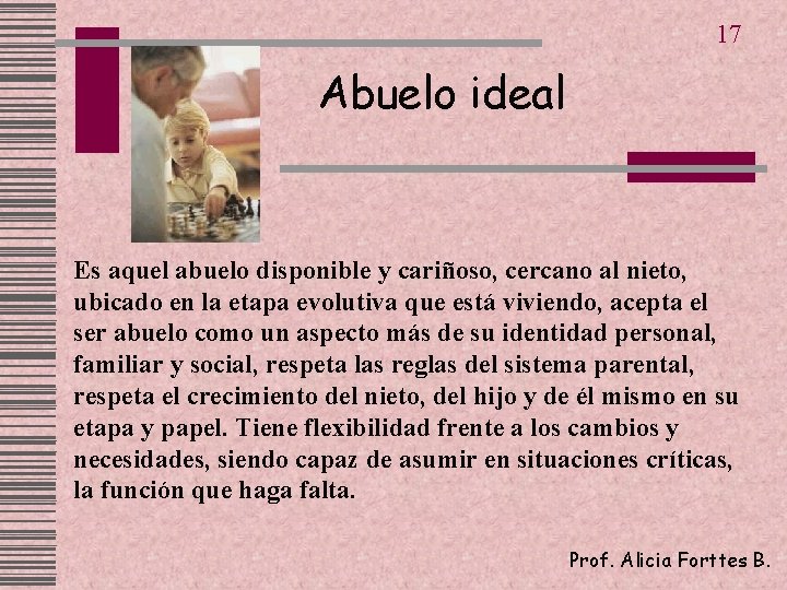 17 Abuelo ideal Es aquel abuelo disponible y cariñoso, cercano al nieto, ubicado en