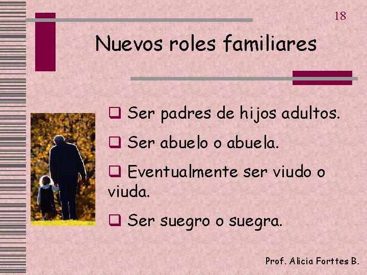 18 Nuevos roles familiares q Ser padres de hijos adultos. q Ser abuelo o