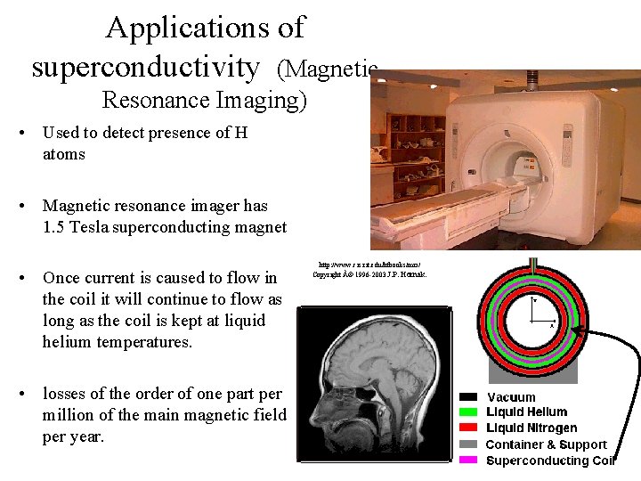 Applications of superconductivity (Magnetic Resonance Imaging) • Used to detect presence of H atoms