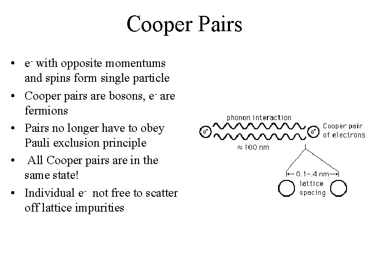 Cooper Pairs • e- with opposite momentums and spins form single particle • Cooper