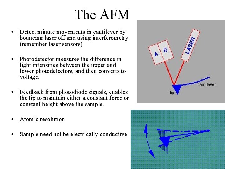 The AFM • Detect minute movements in cantilever by bouncing laser off and using