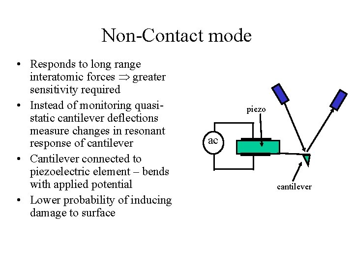 Non-Contact mode • Responds to long range interatomic forces greater sensitivity required • Instead
