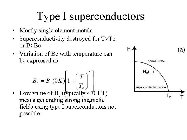 Type I superconductors • Mostly single element metals • Superconductivity destroyed for T>Tc or