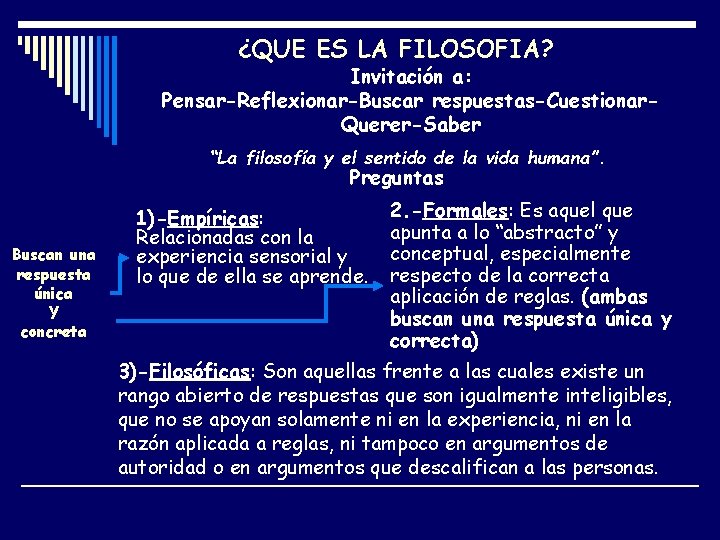 ¿QUE ES LA FILOSOFIA? Invitación a: Pensar-Reflexionar-Buscar respuestas-Cuestionar. Querer-Saber “La filosofía y el sentido