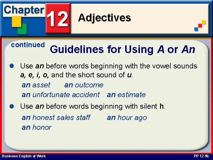Adjectives continued Guidelines for Using A or An Use an before words beginning with