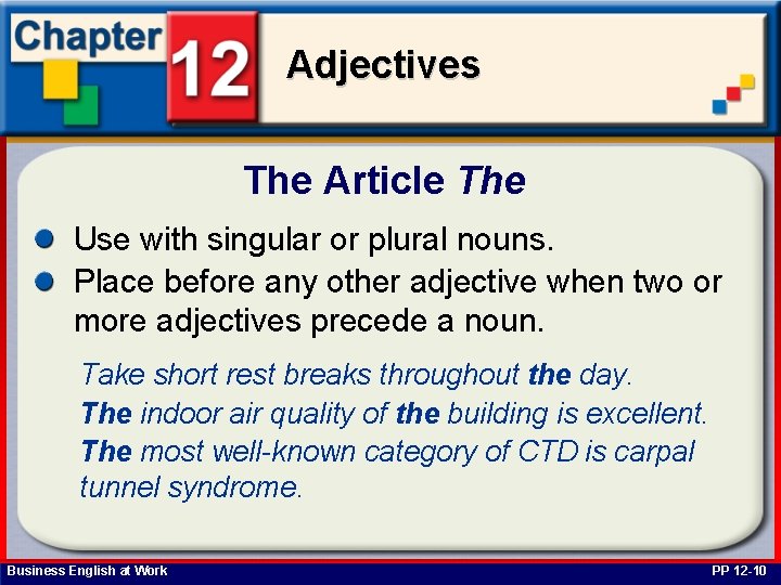 Adjectives The Article The Use with singular or plural nouns. Place before any other