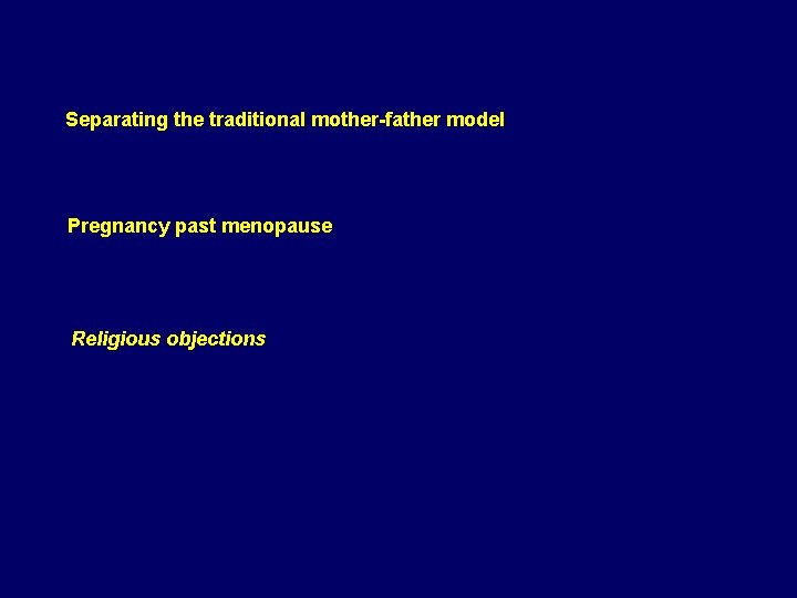 Separating the traditional mother-father model Pregnancy past menopause Religious objections 
