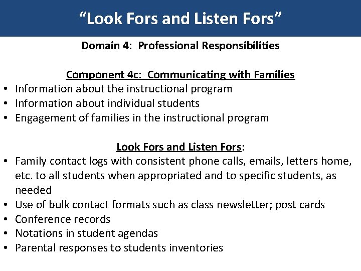 “Look Fors and Listen Fors” Domain 4: Professional Responsibilities Component 4 c: Communicating with