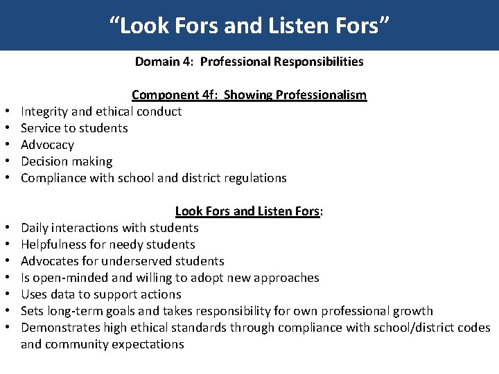 “Look Fors and Listen Fors” Domain 4: Professional Responsibilities • • • Component 4