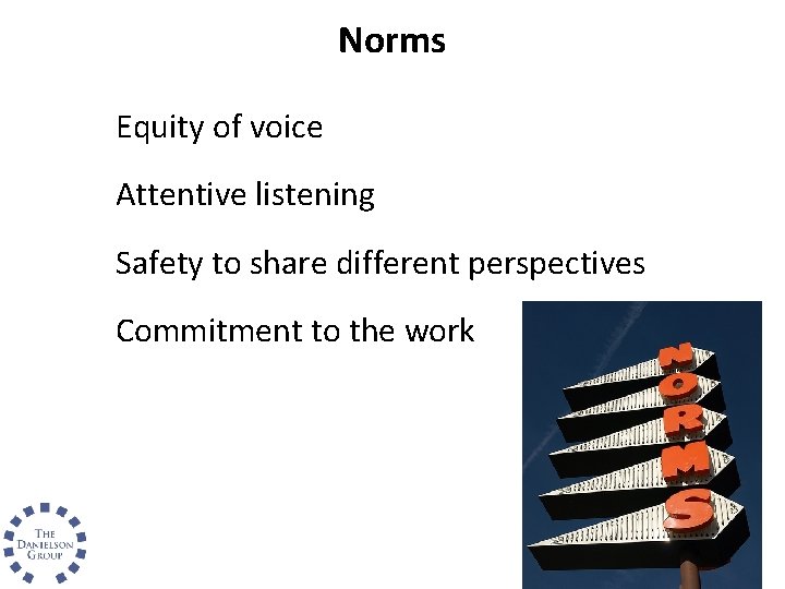 Norms Equity of voice Attentive listening Safety to share different perspectives Commitment to the