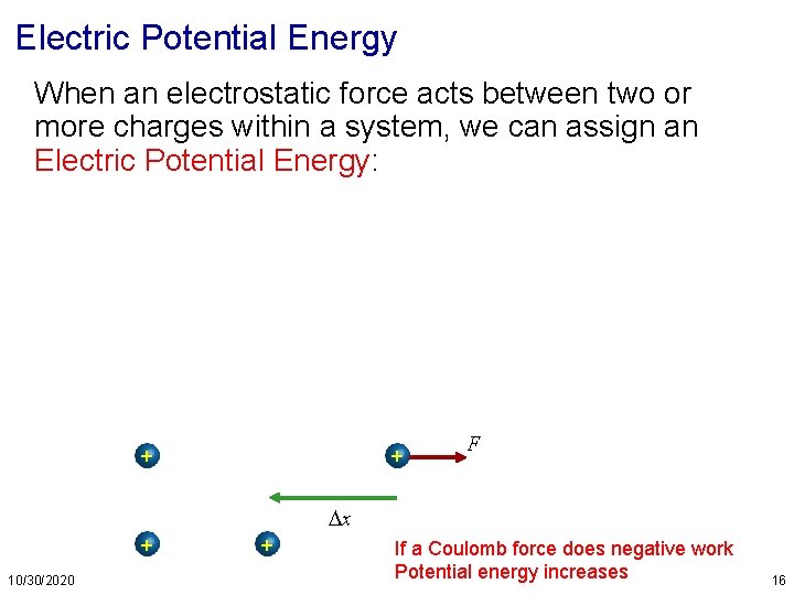 Electric Potential Energy When an electrostatic force acts between two or more charges within