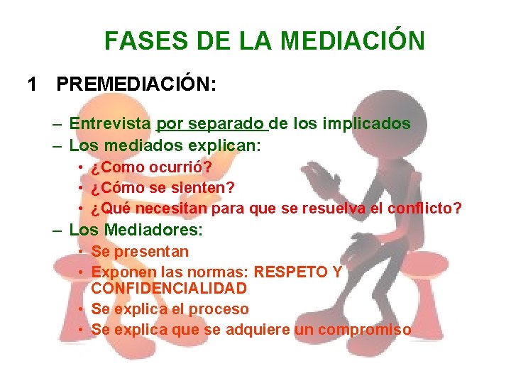 FASES DE LA MEDIACIÓN 1 PREMEDIACIÓN: – Entrevista por separado de los implicados –