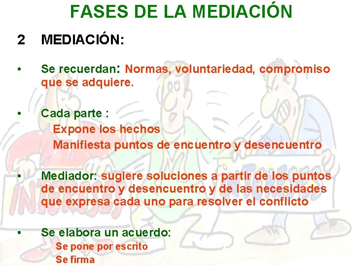 FASES DE LA MEDIACIÓN 2 MEDIACIÓN: • Se recuerdan: Normas, voluntariedad, compromiso que se