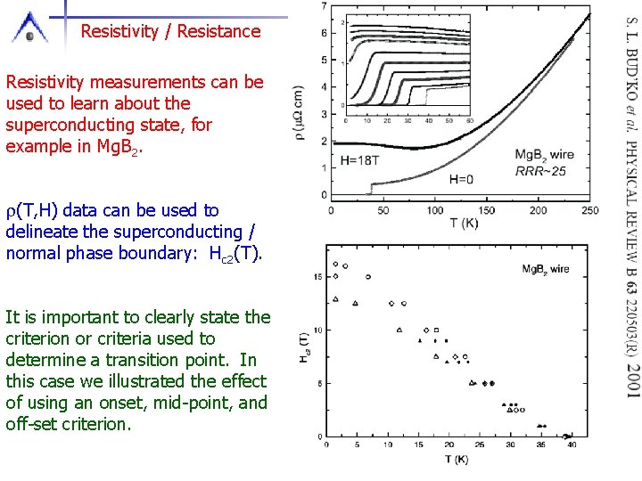 Resistivity / Resistance Resistivity measurements can be used to learn about the superconducting state,