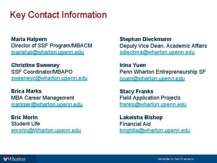 Key Contact Information Maria Halpern Director of SSF Program/MBACM mariahal@wharton. upenn. edu Stephan Dieckmann