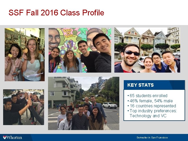 SSF Fall 2016 Class Profile KEY STATS • 65 students enrolled • 46% female,