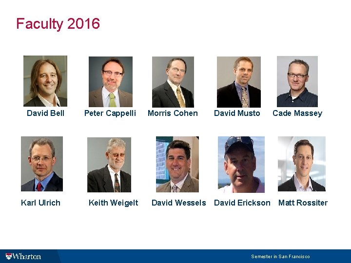 Faculty 2016 David Bell Karl Ulrich Peter Cappelli Keith Weigelt Morris Cohen David Wessels