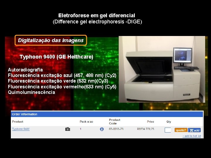 Eletroforese em gel diferencial (Difference gel electrophoresis -DIGE) Digitalização das imagens Typhoon 9400 (GE