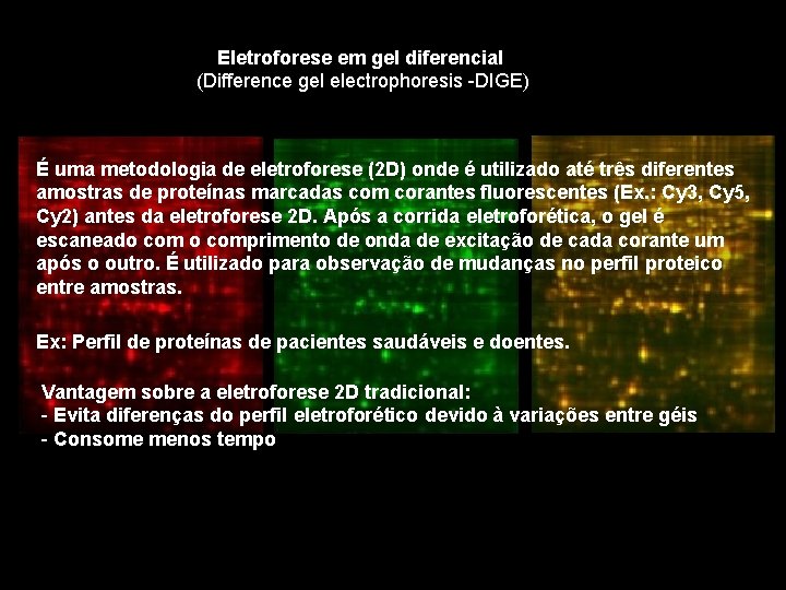 Eletroforese em gel diferencial (Difference gel electrophoresis -DIGE) É uma metodologia de eletroforese (2