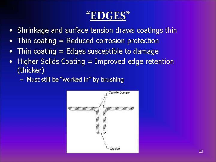 “EDGES” • • Shrinkage and surface tension draws coatings thin Thin coating = Reduced