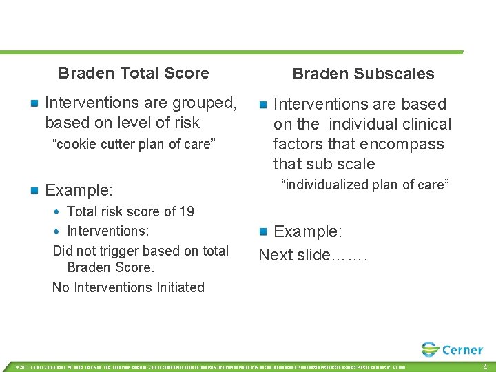 Braden Total Score Interventions are grouped, based on level of risk “cookie cutter plan