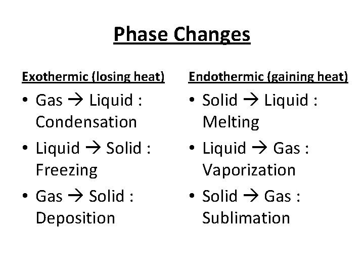 Phase Changes Exothermic (losing heat) Endothermic (gaining heat) • Gas Liquid : Condensation •