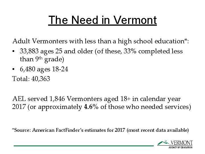 The Need in Vermont Adult Vermonters with less than a high school education*: •
