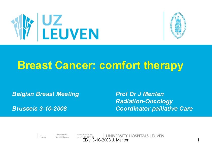 Breast Cancer: comfort therapy Belgian Breast Meeting Brussels 3 -10 -2008 Prof Dr J