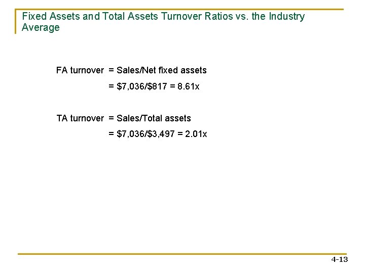 Fixed Assets and Total Assets Turnover Ratios vs. the Industry Average FA turnover =