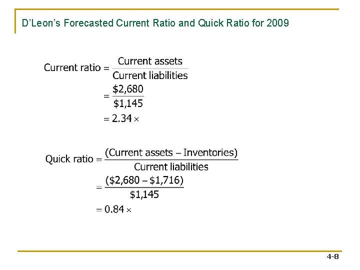 D’Leon’s Forecasted Current Ratio and Quick Ratio for 2009 4 -8 