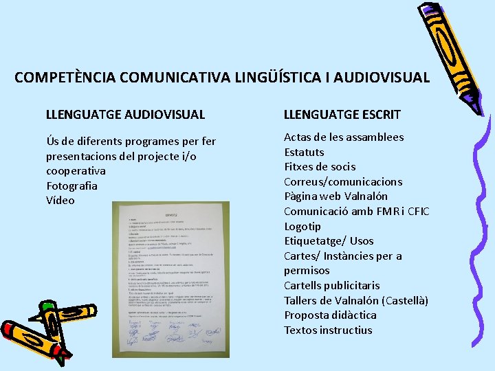 COMPETÈNCIA COMUNICATIVA LINGÜÍSTICA I AUDIOVISUAL LLENGUATGE ESCRIT Ús de diferents programes per fer presentacions