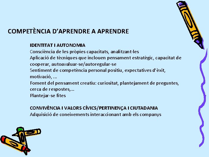 COMPETÈNCIA D’APRENDRE A APRENDRE IDENTITAT I AUTONOMIA Consciència de les pròpies capacitats, analitzant-les Aplicació