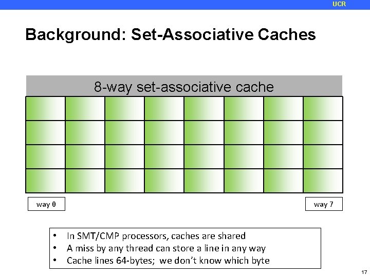 UCR Background: Set-Associative Caches 8 -way set-associative cache way 0 way 7 • In