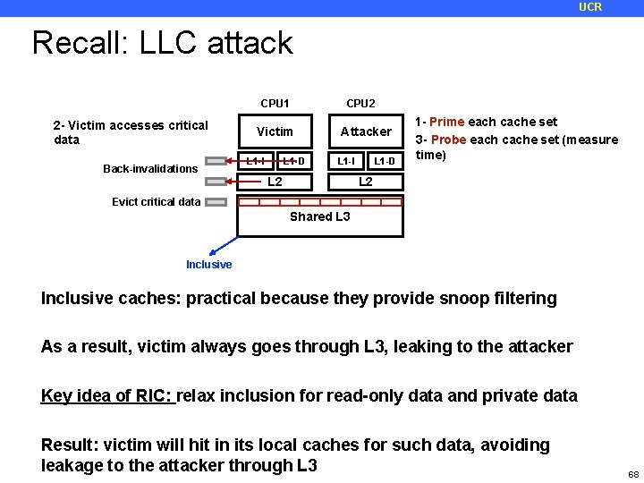 UCR Recall: LLC attack CPU 1 2 - Victim accesses critical data Back-invalidations CPU