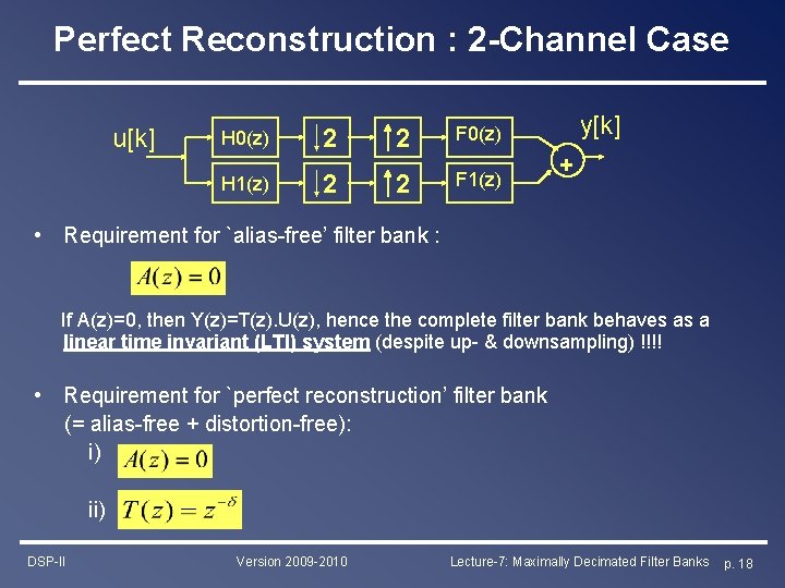 Perfect Reconstruction : 2 -Channel Case u[k] H 0(z) H 1(z) 2 2 2