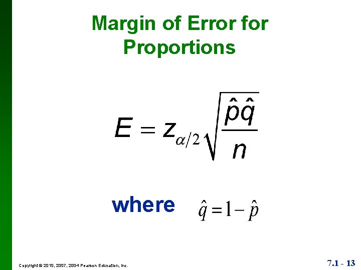 Margin of Error for Proportions where Copyright © 2010, 2007, 2004 Pearson Education, Inc.