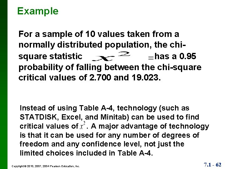 Example For a sample of 10 values taken from a normally distributed population, the