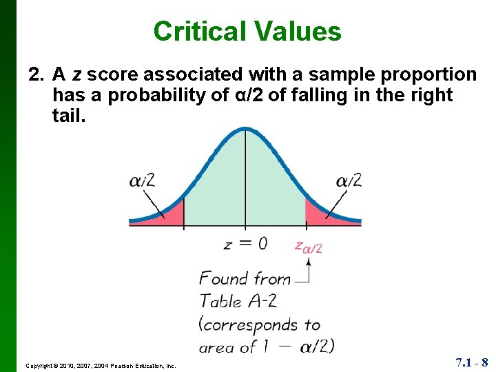 Critical Values 2. A z score associated with a sample proportion has a probability