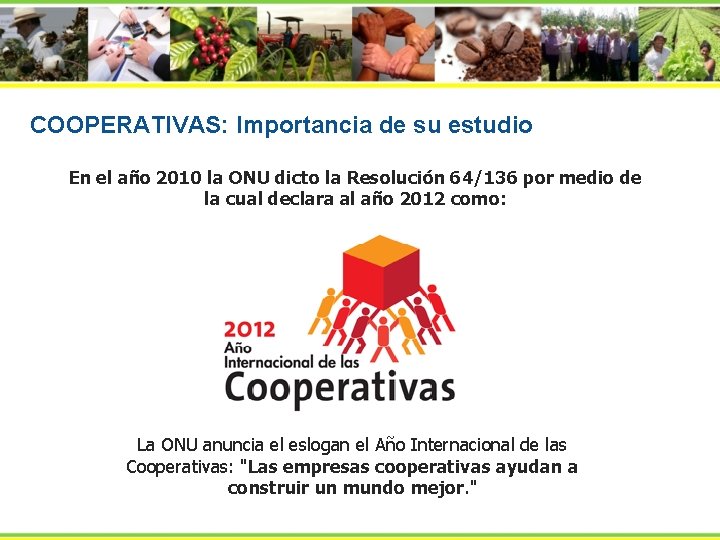 COOPERATIVAS: Importancia de su estudio En el año 2010 la ONU dicto la Resolución