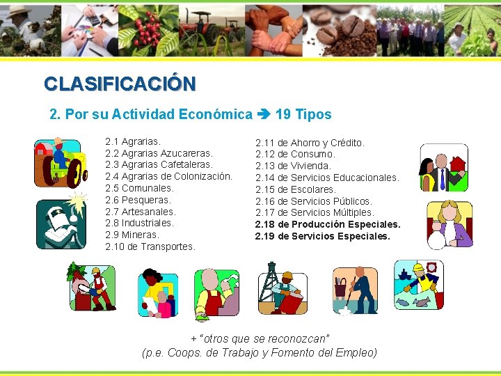 CLASIFICACIÓN 2. Por su Actividad Económica 19 Tipos 2. 1 Agrarias. 2. 2 Agrarias