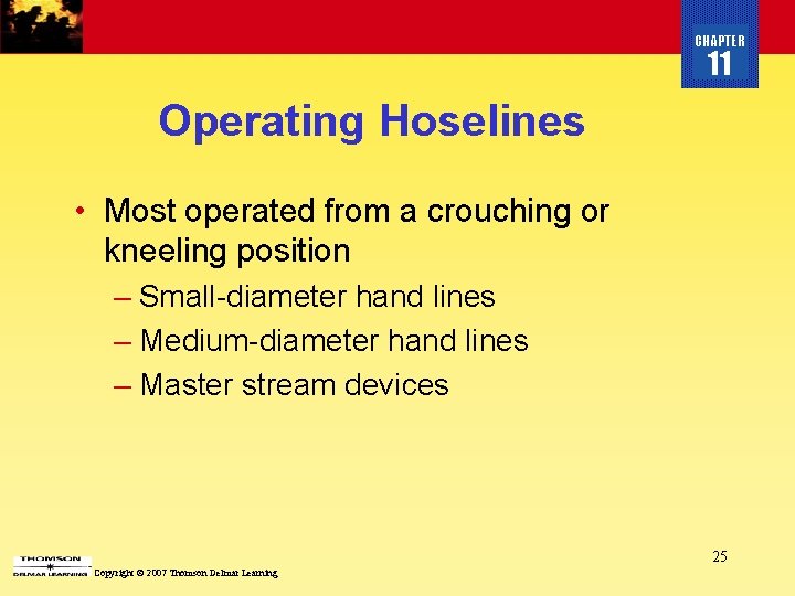 CHAPTER 11 Operating Hoselines • Most operated from a crouching or kneeling position –