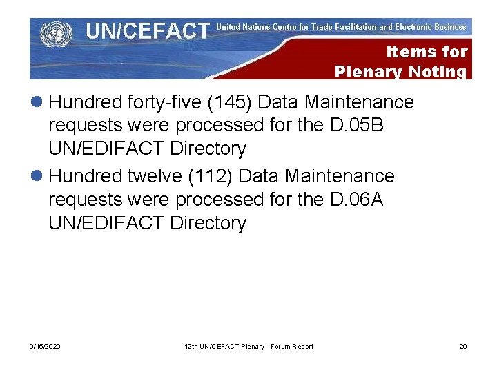 Items for Plenary Noting l Hundred forty-five (145) Data Maintenance requests were processed for