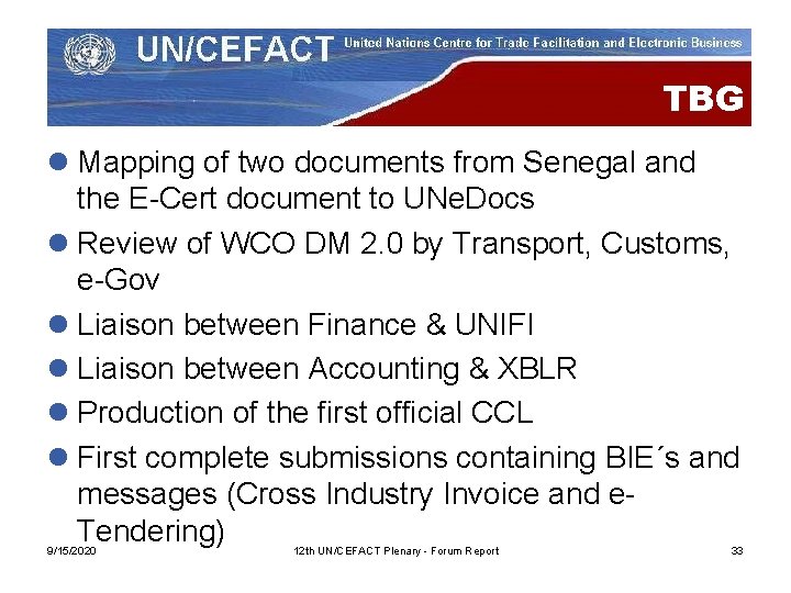 TBG l Mapping of two documents from Senegal and the E-Cert document to UNe.