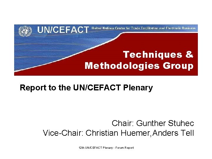 Techniques & Methodologies Group Report to the UN/CEFACT Plenary Chair: Gunther Stuhec Vice-Chair: Christian