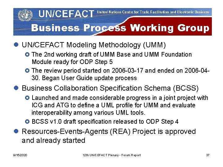 Business Process Working Group l UN/CEFACT Modeling Methodology (UMM) £ The 2 nd working