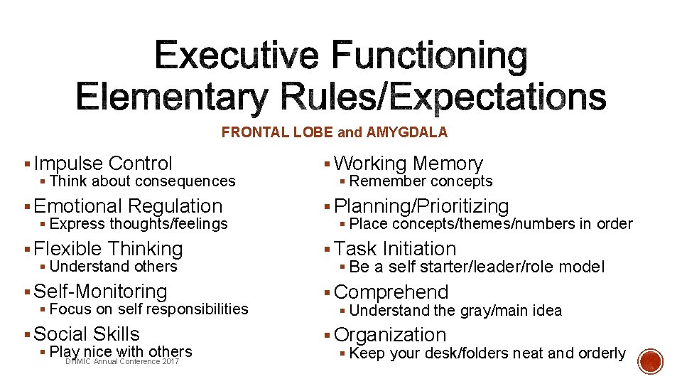 FRONTAL LOBE and AMYGDALA § Impulse Control § Working Memory § Emotional Regulation §