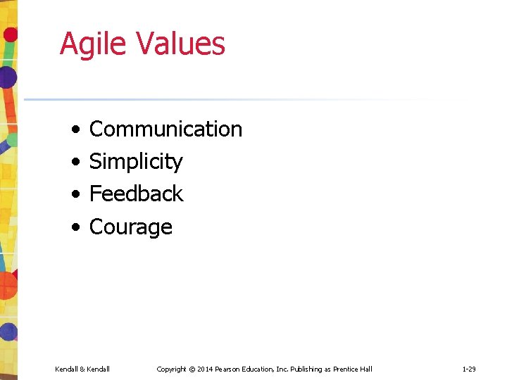 Agile Values • • Communication Simplicity Feedback Courage Kendall & Kendall Copyright © 2014